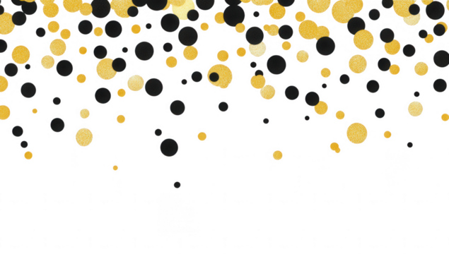 a festive arrangement of black and gold circles scattered against a white background creating a celebratory and elegant design suitable for invitations or party decorations