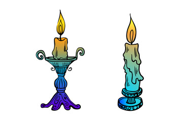 Astrology accessories. Magic candles. Hand drawn design elements. Line art. Vector illustration. Isolated on white background