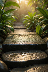 Wet Stone Path in Morning Forest