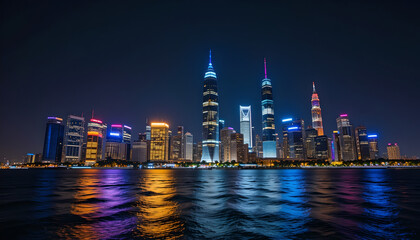 Fototapeta premium Dazzling City Skyline at Night: Illuminated Waterfront - Modern Urban Landscape: Nighttime Cityscape Reflections