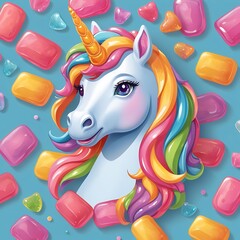Fototapeta premium Enchanted Unicorn ,Candy A whimsical illustration of a majestic unicorn surrounded by colorful candy. A playful mix of magic and sweetness for an engaging visual.