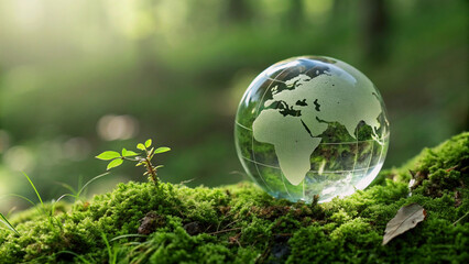 Earth day, Transparent globe resting on lush forest moss, symbolizing environmentalism (1)
