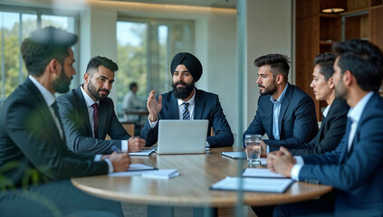 Indian Sikh HR Executive Facilitating a Leadership Discussion with Senior Managers in a Modern Corporate Office