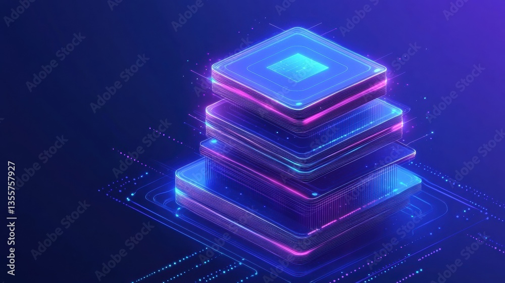 Poster High-tech blockchain concept showcasing layered paper cut design with glowing blue nodes in a futuristic digital setting Generative AI