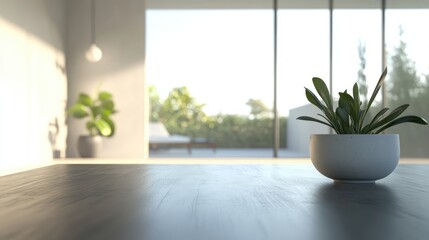 A minimalist modern kitchen with an empty wooden table top, blurred bokeh background, and a clean, bright atmosphere, ideal for product placement or photography