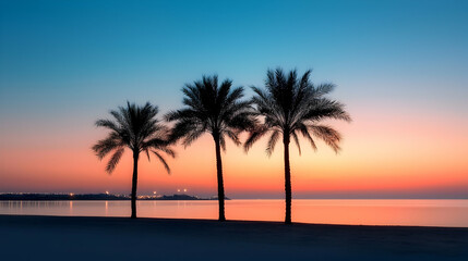 Obraz premium Silhouette of Three Palm Trees at Sunset on a Calm Ocean Beach