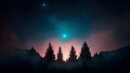 Naklejka premium Silhouette of Three Trees in a Foggy Forest Under a Starry Night Sky