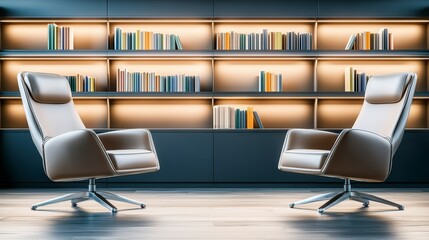 Modern Minimalist Office  Two Armchairs  Bookcase  Library  Interior Design