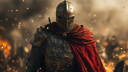 A medieval knight, clad in weathered armor and a crimson cape, stands amidst the chaos of a battlefield.  His determined gaze is hidden behind a metal helmet.