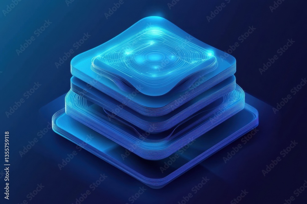 Poster Futuristic layered paper cut design showcasing blockchain technology with interconnected nodes and glowing blue layers Generative AI