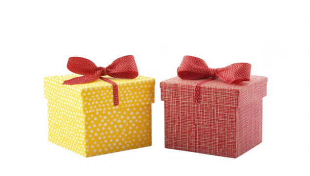 two decorative gift boxes one yellow with white polka dots and one red with a textured pattern both tied with red bows symbolizing celebration and gift-giving