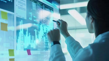 Data Analyst Reviewing Financial Charts on Interactive Display