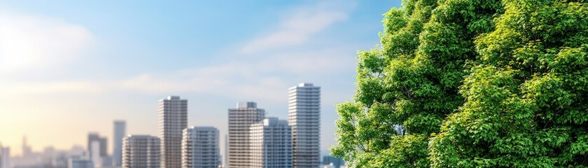 A vibrant green tree in the foreground contrasts with modern skyscrapers under a clear blue sky, showcasing urban nature integration.