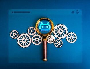 AI searching tools, development and management technology assistance service support concept. Bot...