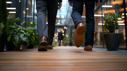 Two Men Walking on Wooden Floor in Modern Office Building