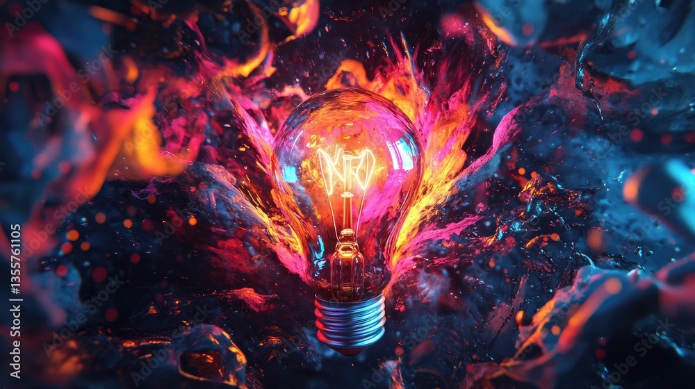 Poster a shattered light bulb surrounded by vibrant paint splashes and swirls, symbolizing the explosion of