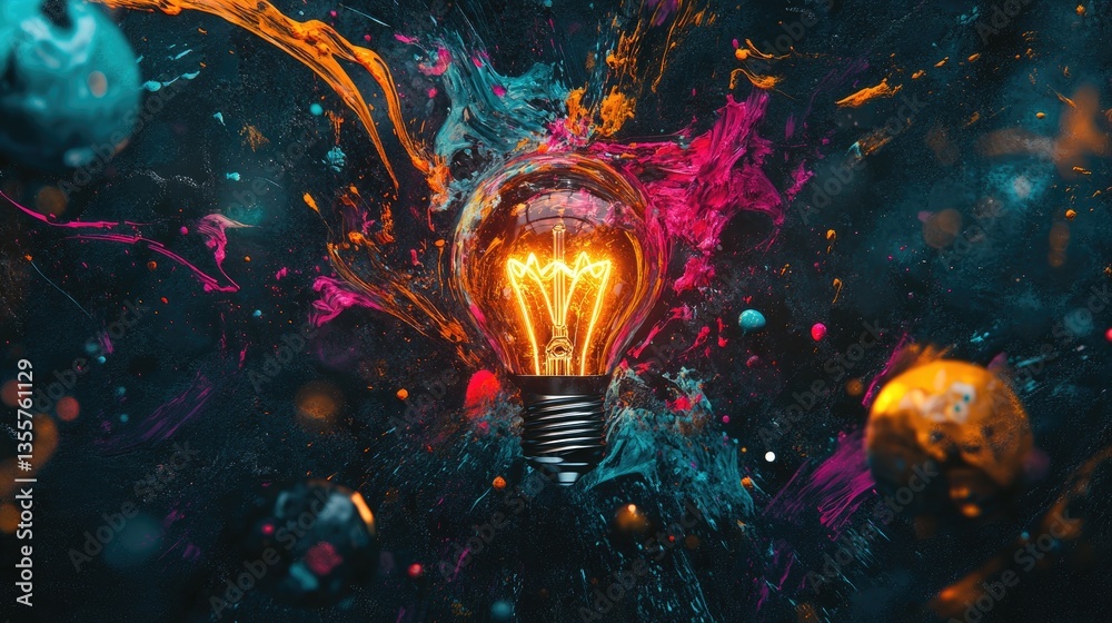 Poster a shattered light bulb surrounded by vibrant paint splashes and swirls, symbolizing the explosion of