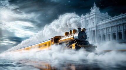 Dreamy Golden Steam Train on Clouds  Fantasy Architecture Background
