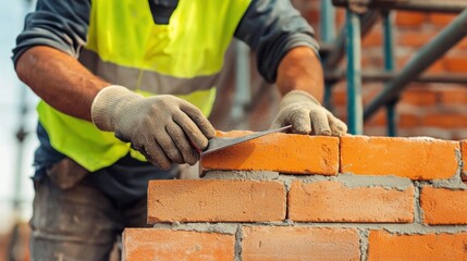Construction site worker with safety vest laying bricks at scaffolded location in urban environment