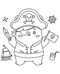 Coloring book Swashbuckling bear cub pirate with a sword and flag. Fun line art for coloring, featuring a nautical 