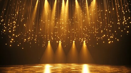 Premium arena lighting display, golden luminous curtain backdrop, elegant light beam array, reflective dark platform, shimmering particles, volumetric spotlight rays, dramatic stage atmosphere