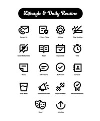 Lifestyle and Daily Routine. Contact Us, Privacy Policy, Settings, Contacts, Drink Water, Mood, Physical Health, Be Present, Affirmations, Promotional Offers. Lifestyle.