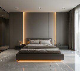 Modern bedroom with illuminated walls and marble floor