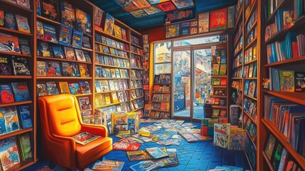 A vibrant comic book store with shelves packed full of colorful magazines and comics, while a half-visible chair implies a reader recent enthusiasm