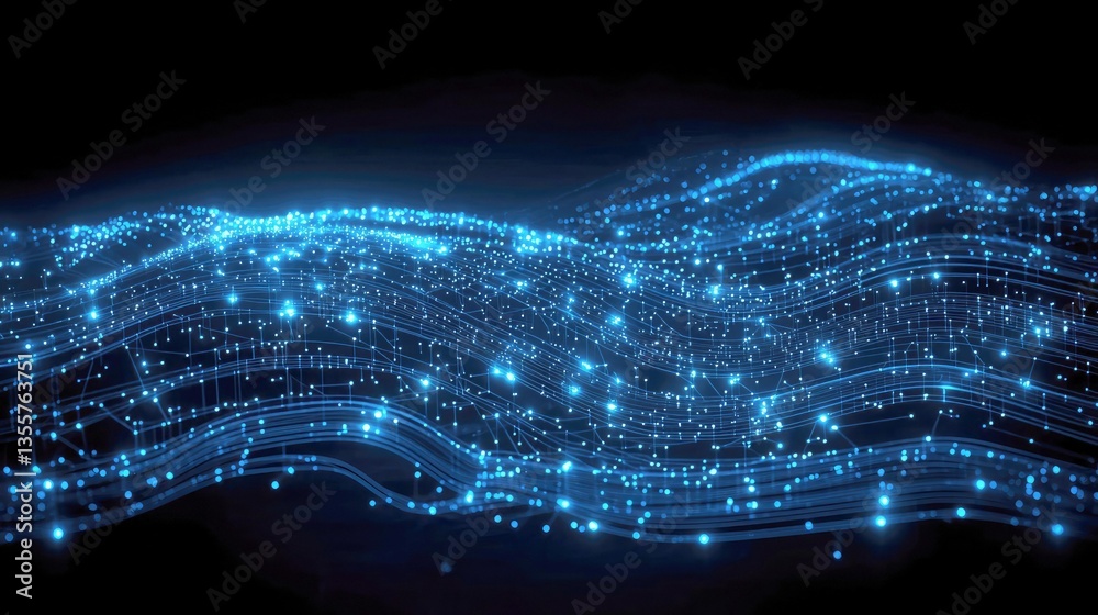 Poster abstract digital network: glowing blue lines and points representing data flow and connections