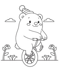 Coloring book bear cub rides a unicycle with a party hat. Fun line art for coloring, featuring a whimsical scene