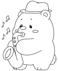 Coloring book Smooth bear cub plays a saxophone with musical notes. Fun line art for coloring