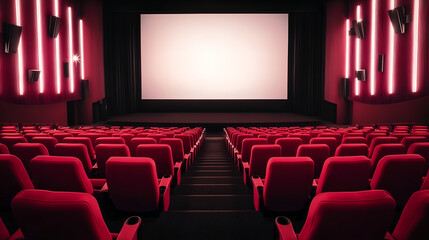 Obraz premium Movie Theater Perspective with Centered White Screen
