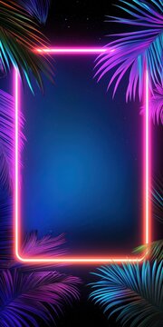 Vertical glowing neon frame with colorful tropical palm leaves on a dark starry background ideal for summer party posters digital stories or event promos