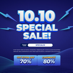 10.10 Special Shopping Sale discount deals dynamic dark blue gradient Editable text effect Wavy line minimalist style Cashback promo code Promotional banner flyer Template 