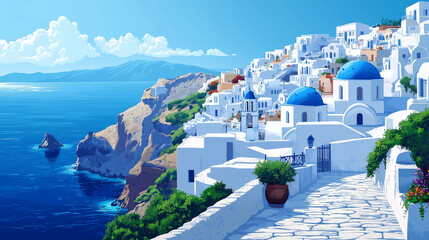 Obraz premium Scenic view of Santorini's iconic whitewashed buildings and blue domes overlooking the Aegean Sea on a bright summer day
