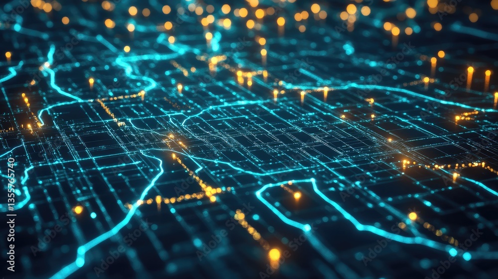 Poster AI-powered delivery route optimization on a futuristic digital map, showing precise GPS navigation paths and highlighting the future of efficient delivery systems