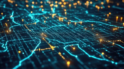 AI-powered delivery route optimization on a futuristic digital map, showing precise GPS navigation paths and highlighting the future of efficient delivery systems