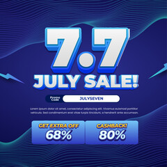 7.7 July Shopping Sale discount deals dynamic dark blue gradient Editable text effect Wavy line minimalist style Cashback promo code Promotional banner flyer Template 