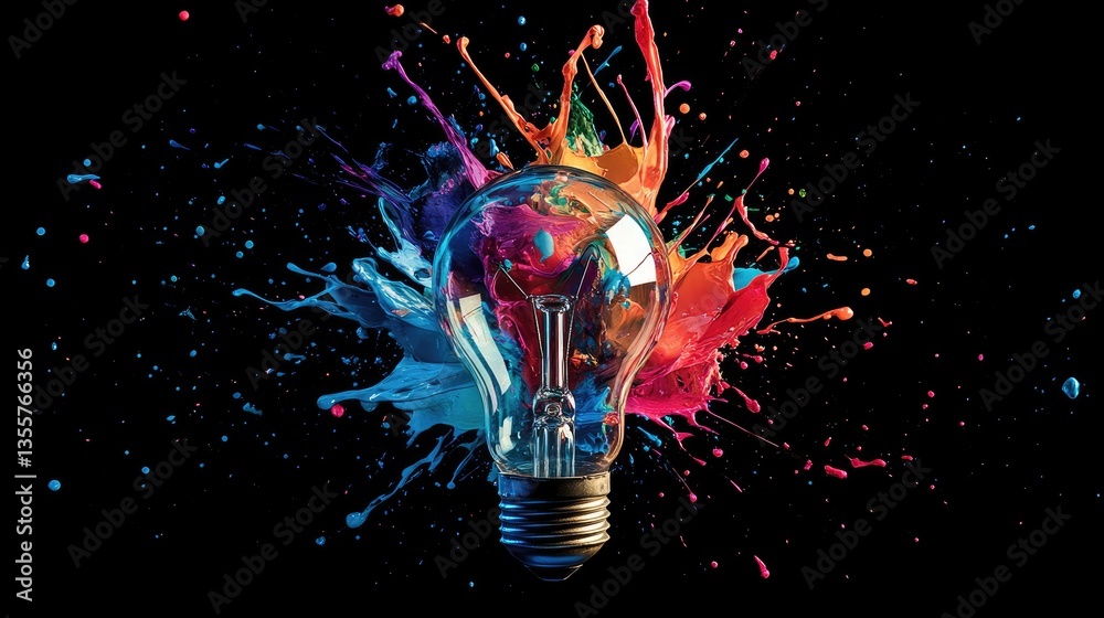 Poster An explosion of colorful paint splashes and swirls surrounding a broken light bulb, representing the spark of innovative ideas and creative energy