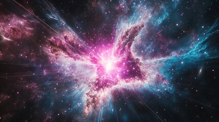 Fototapeta premium Explosive light radiance with supersonic speed lines, prismatic color transition from hot magenta to cool azure, stellar energy burst with cosmic ray trails, deep space backdrop, cinematic quality