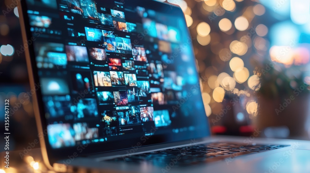 Poster Close-up of a laptop streaming content from multiple sources, showcasing the power of modern technology and diverse online platforms