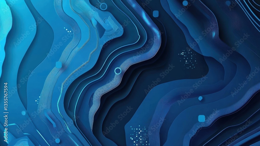Poster futuristic technology-inspired paper cut design featuring layered circuit boards and dynamic blue gr