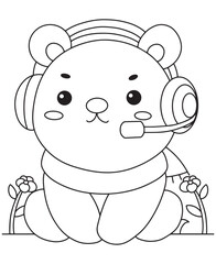 Coloring book bear cub with headset, ready to play. Fun line art for coloring, featuring a gaming scene