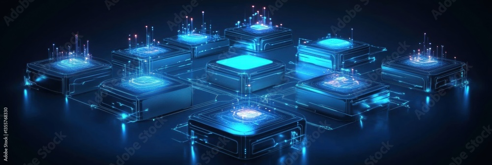 Poster Futuristic digital network concept showcasing interconnected nodes with glowing blue gradients in a layered paper cut style on a dark background