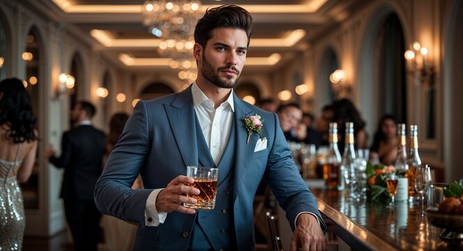 Confident man in tailored suit holding whiskey glass at upscale adult party photography model