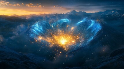 Naklejka premium Majestic aerial pyrotechnic explosion, shimmering aqua and azure spherical burst, glowing particle trails spiraling outward, soft misty clouds illuminated by firework glow, dreamy nighttime