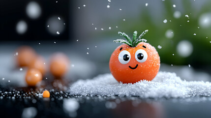 Smiling Cartoon Tomato in Snowy Scene