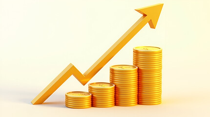 Financial Growth and Success: Stacks of Gold Coins with Upward Trend Arrow