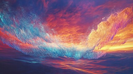 Spectacular fireworks display against twilight gradient sky, vibrant magenta and cyan bursts radiating outwards, delicate white sparkle trails, ethereal light patterns, golden horizon glow, wispy