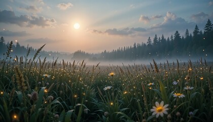A serene meadow glows under soft moonlight, with bioluminescent flowers and tall grass swaying in the breeze. Fireflies drift through the air, casting a warm golden light.